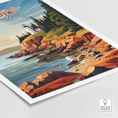 Acadia National Park Poster Print showcasing a scenic lighthouse and rocky coastline in vibrant colors.