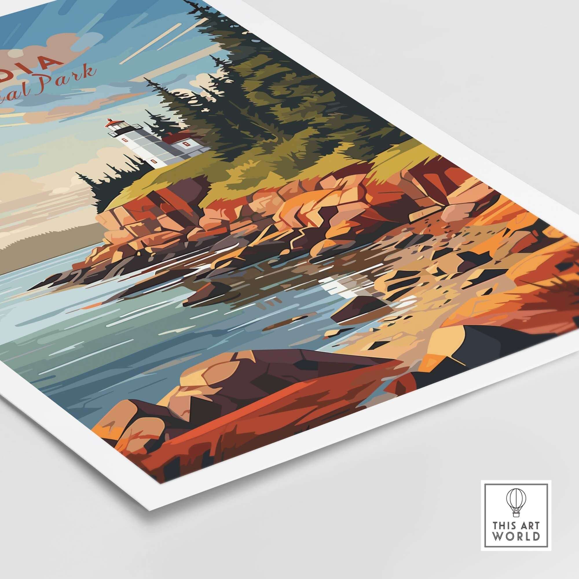 Acadia National Park Poster Print showcasing a scenic lighthouse and rocky coastline in vibrant colors.