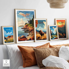 Acadia National Park Poster Print displayed among other national park art prints in a stylish home setting.