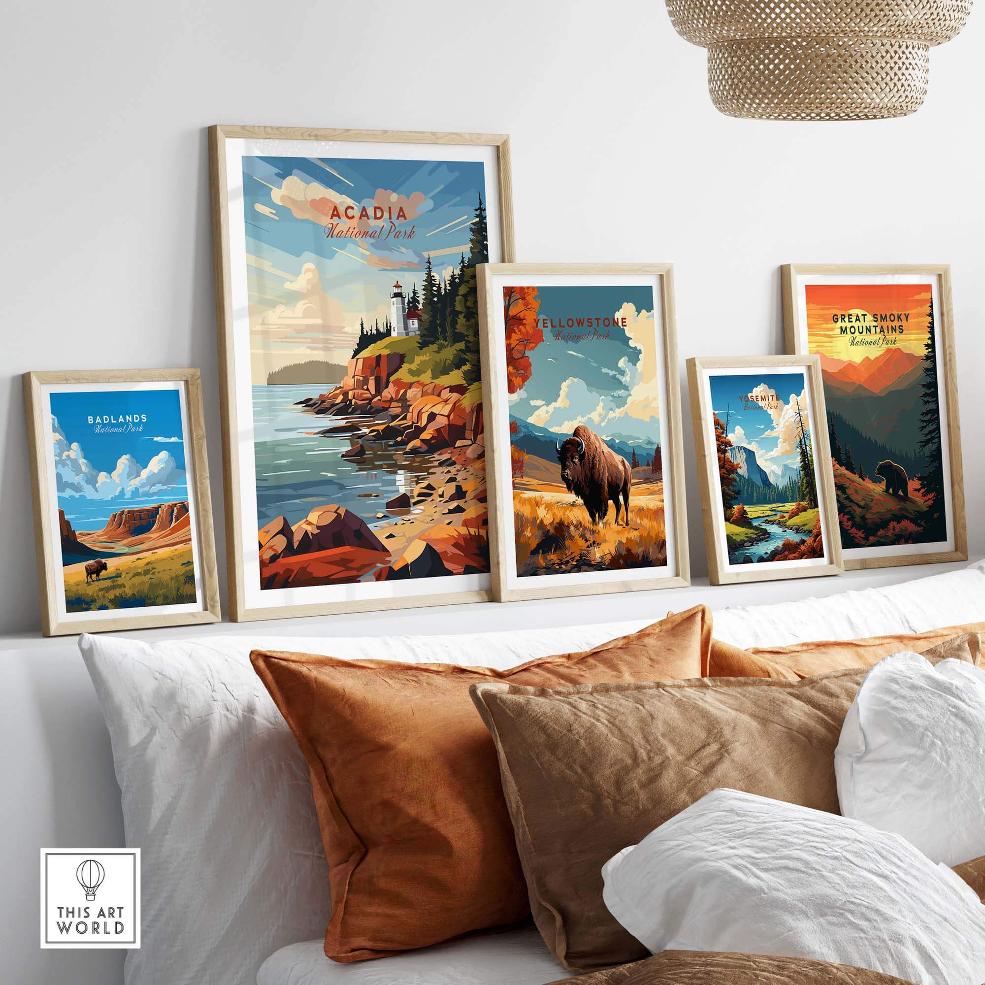 Acadia National Park Poster Print displayed among other national park art prints in a stylish home setting.