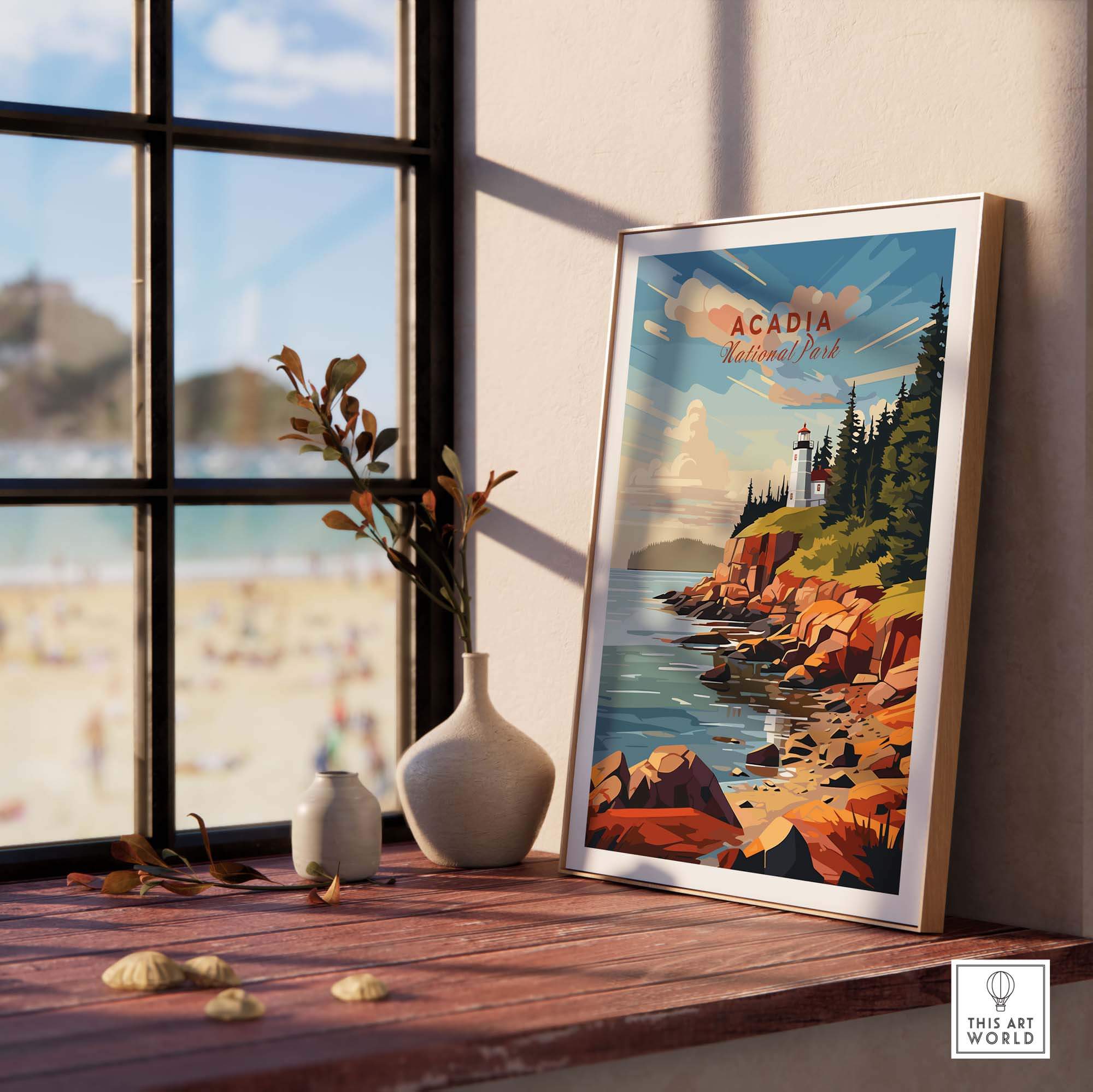 Acadia National Park Poster Print featuring a lighthouse and rocky coastline, perfect for nature lovers and home decor.