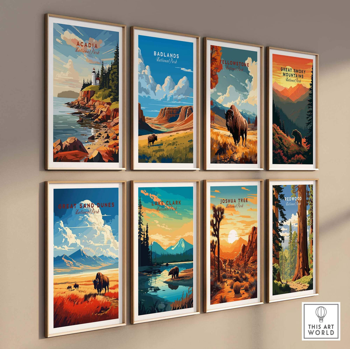 Acadia National Park Poster Print and other national park art prints displayed on a wall.