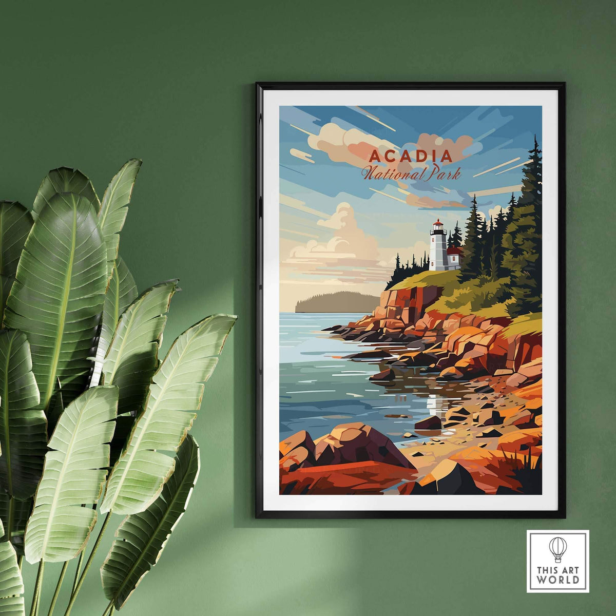 Acadia National Park Poster Print showcasing a lighthouse and rocky coastline with lush greenery.