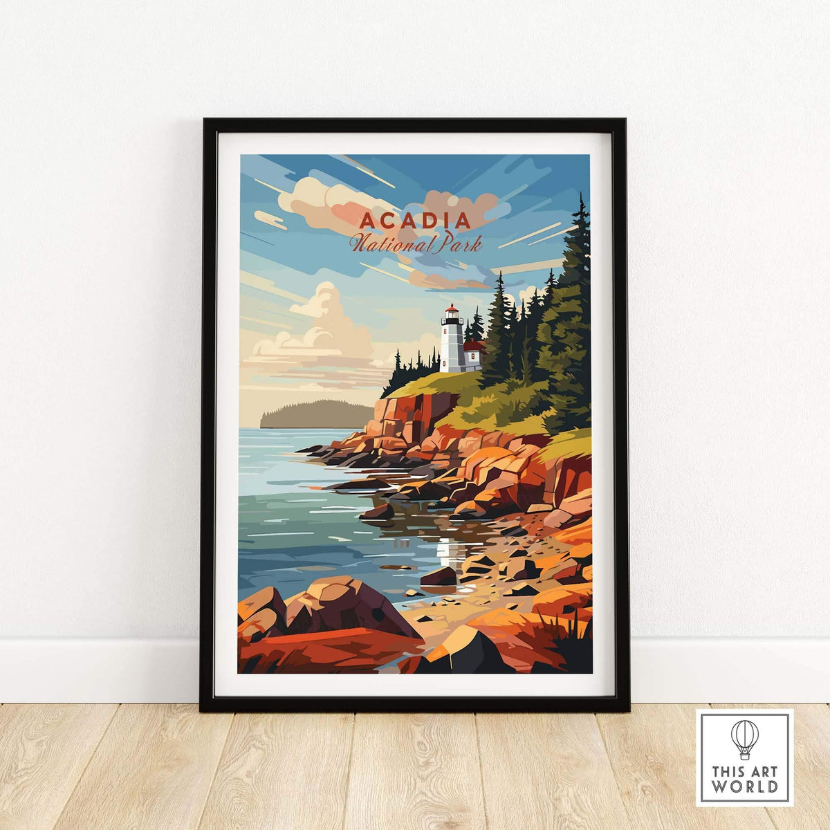 Acadia National Park Poster Print featuring a colorful landscape with a lighthouse and rocky coastline.