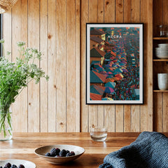 Black framed Accra Ghana travel poster in a kitchen setting