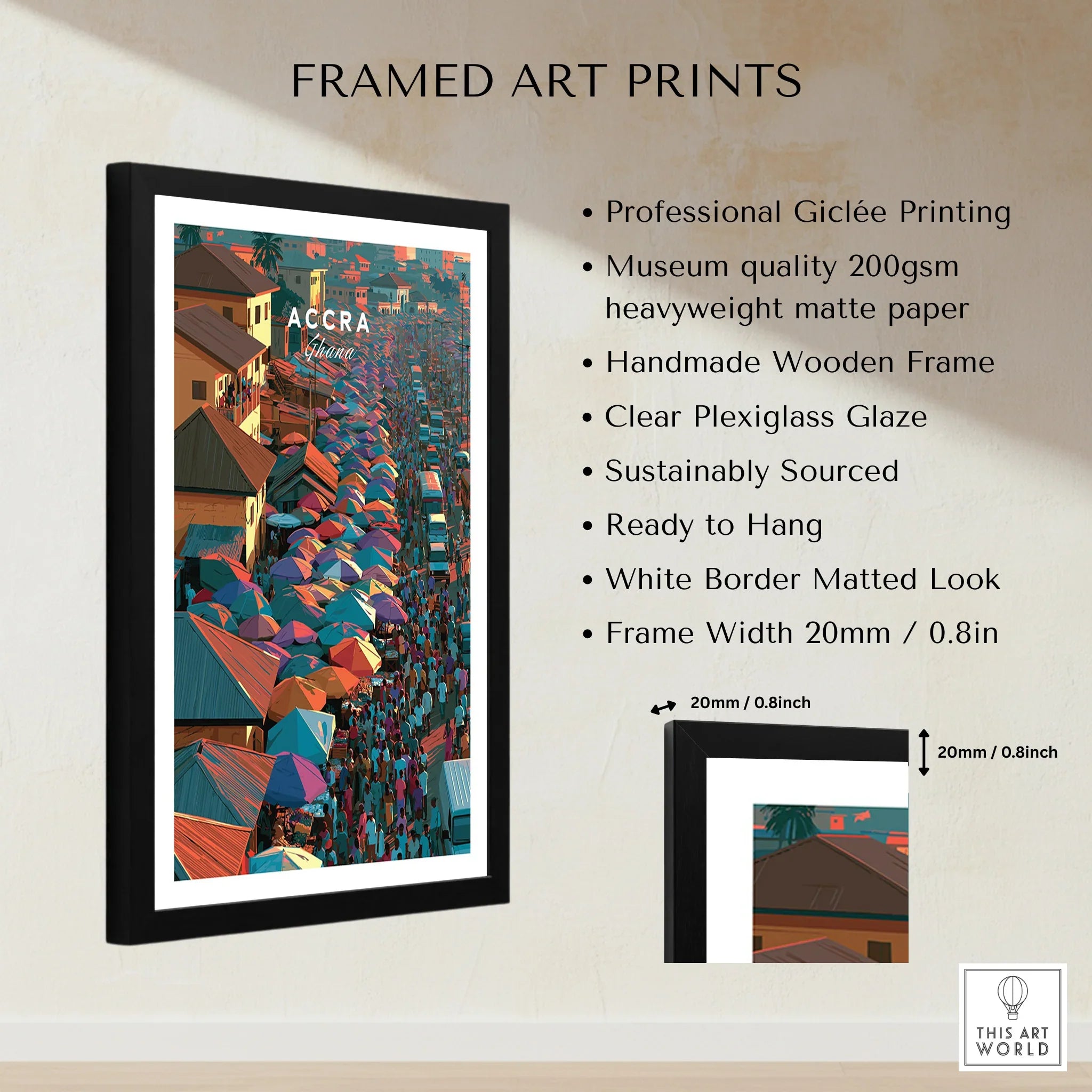 Accra Ghana framed print showing details, measurements and quality