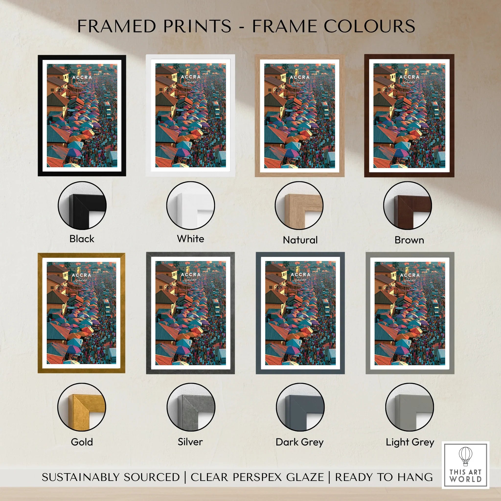 Accra Ghana travel poster shown in eight frame colour options