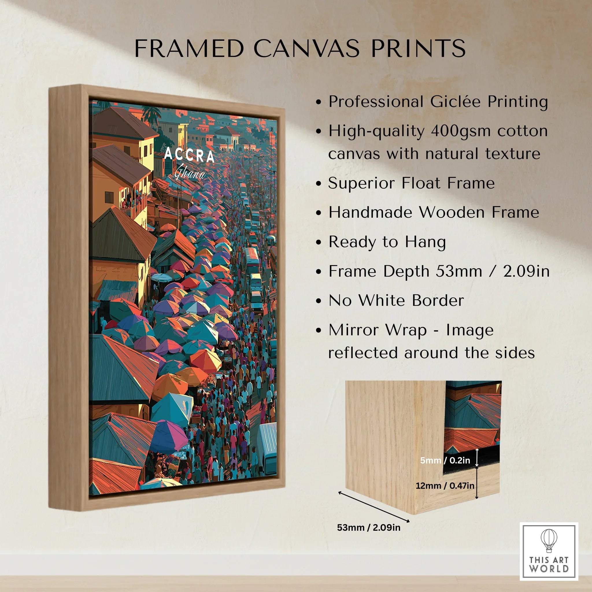 Accra Ghana framed canvas float frame details and quality