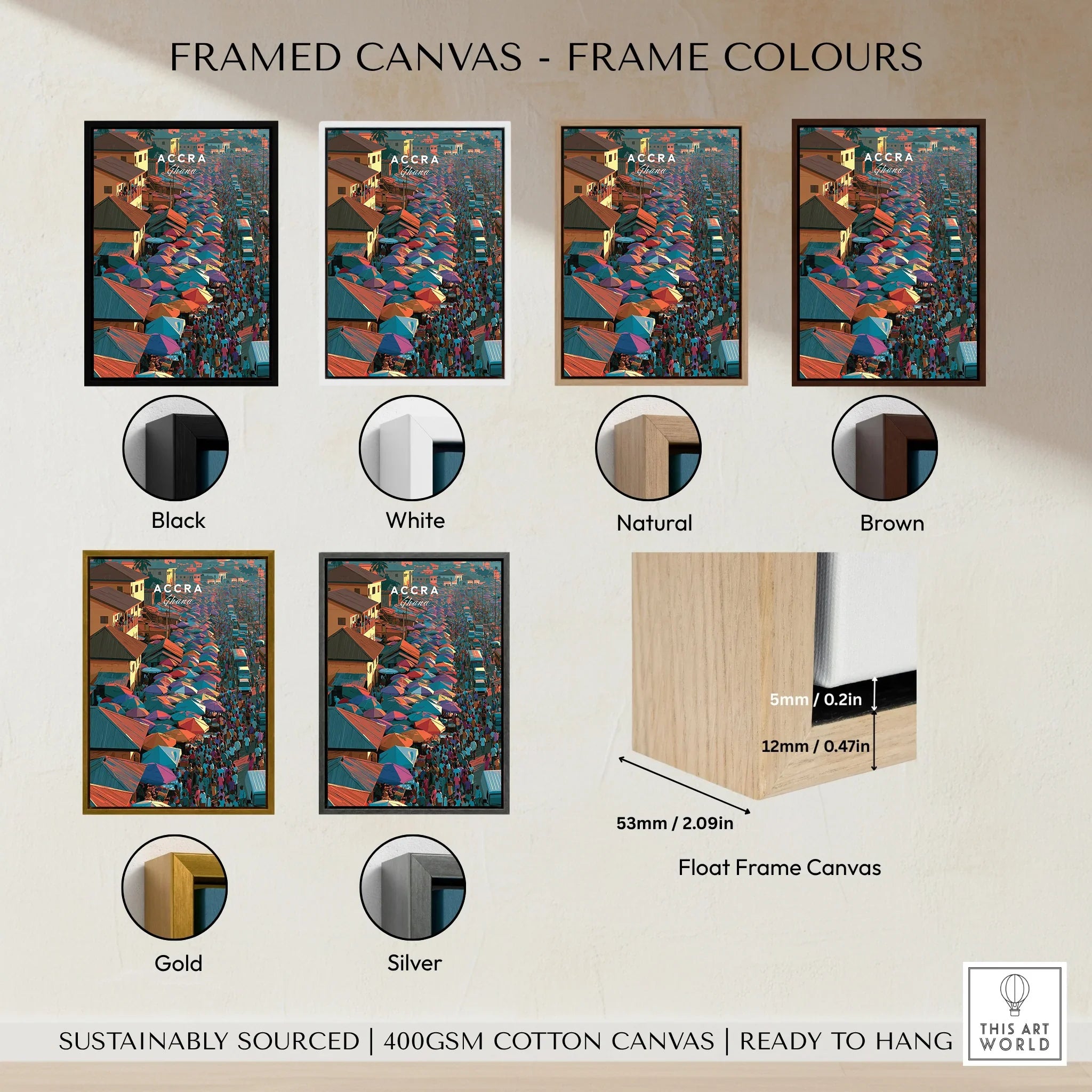 Accra Ghana framed canvas float frame colour options