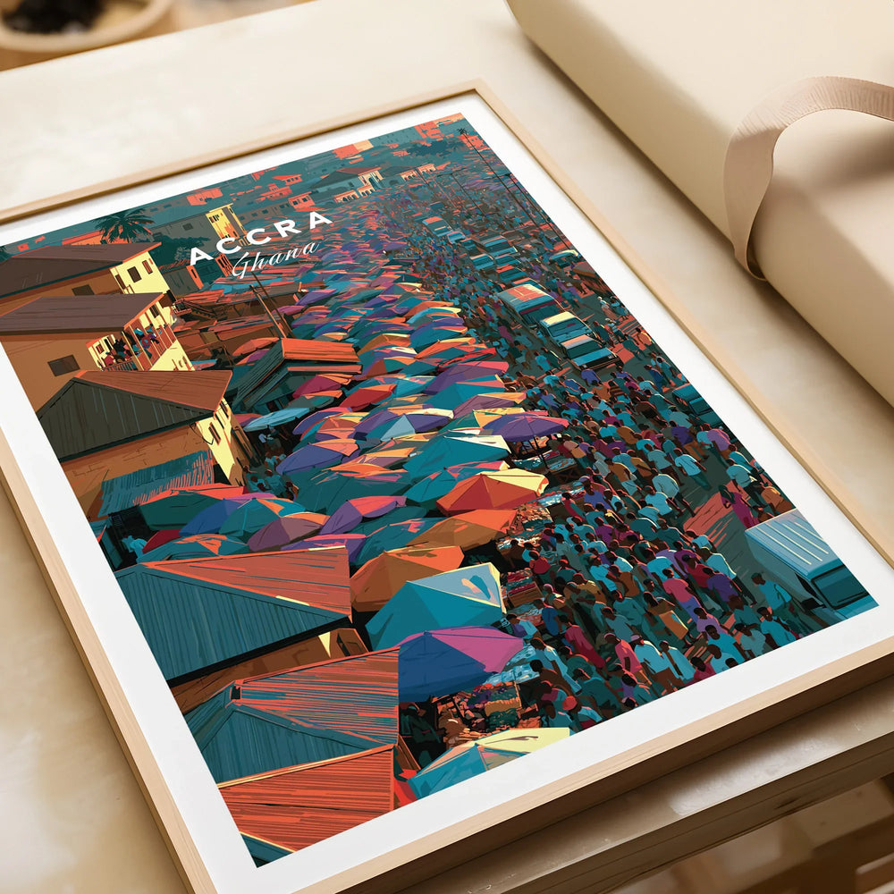 Accra Ghana travel poster framed in natural wood, close-up of unwrapped gift print