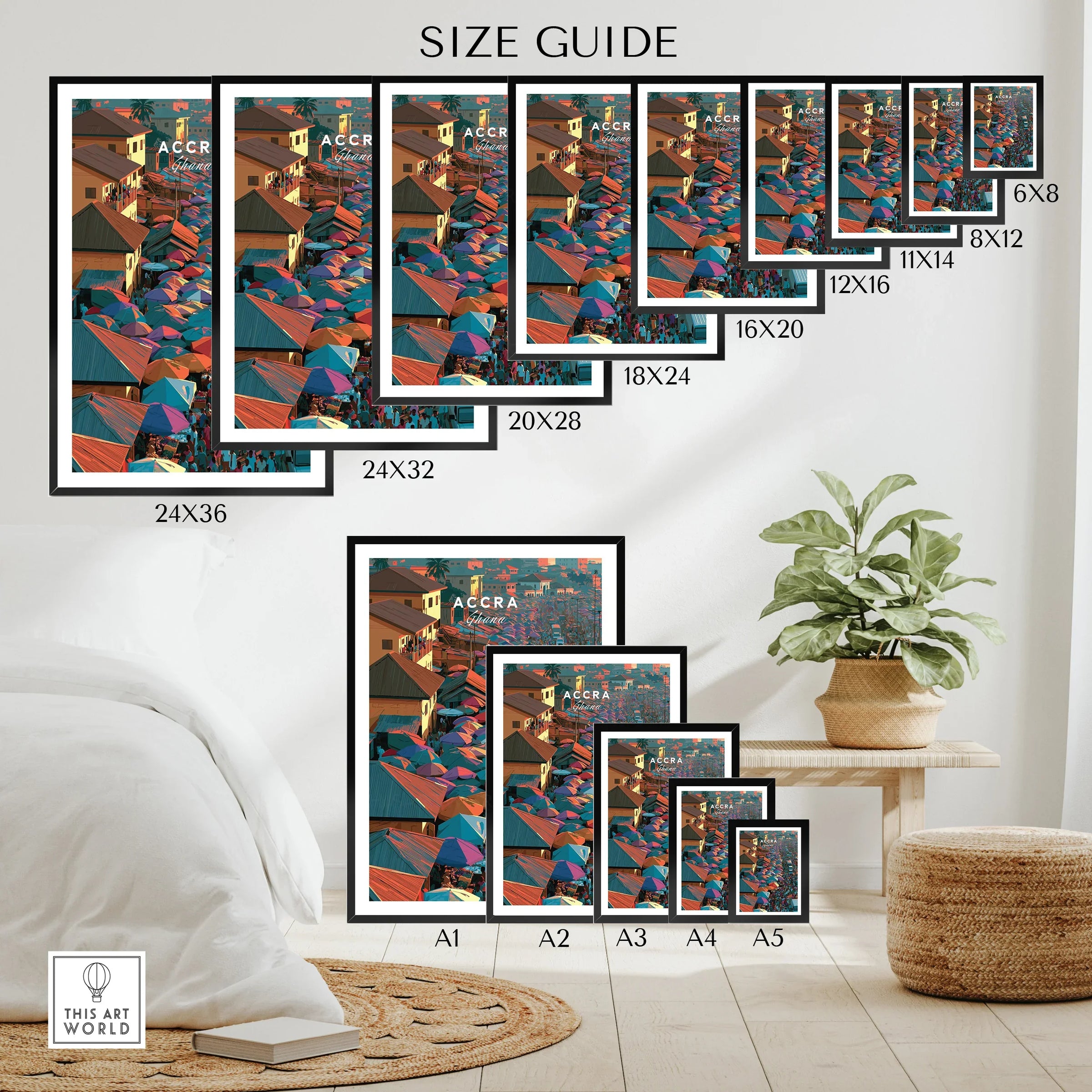 Accra Ghana wall art travel poster size guide by This Art World