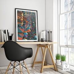 Accra Ghana market travel poster in a black frame on a modern office desk