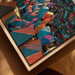 Close-up of Accra Ghana travel poster in a natural wood floating canvas frame