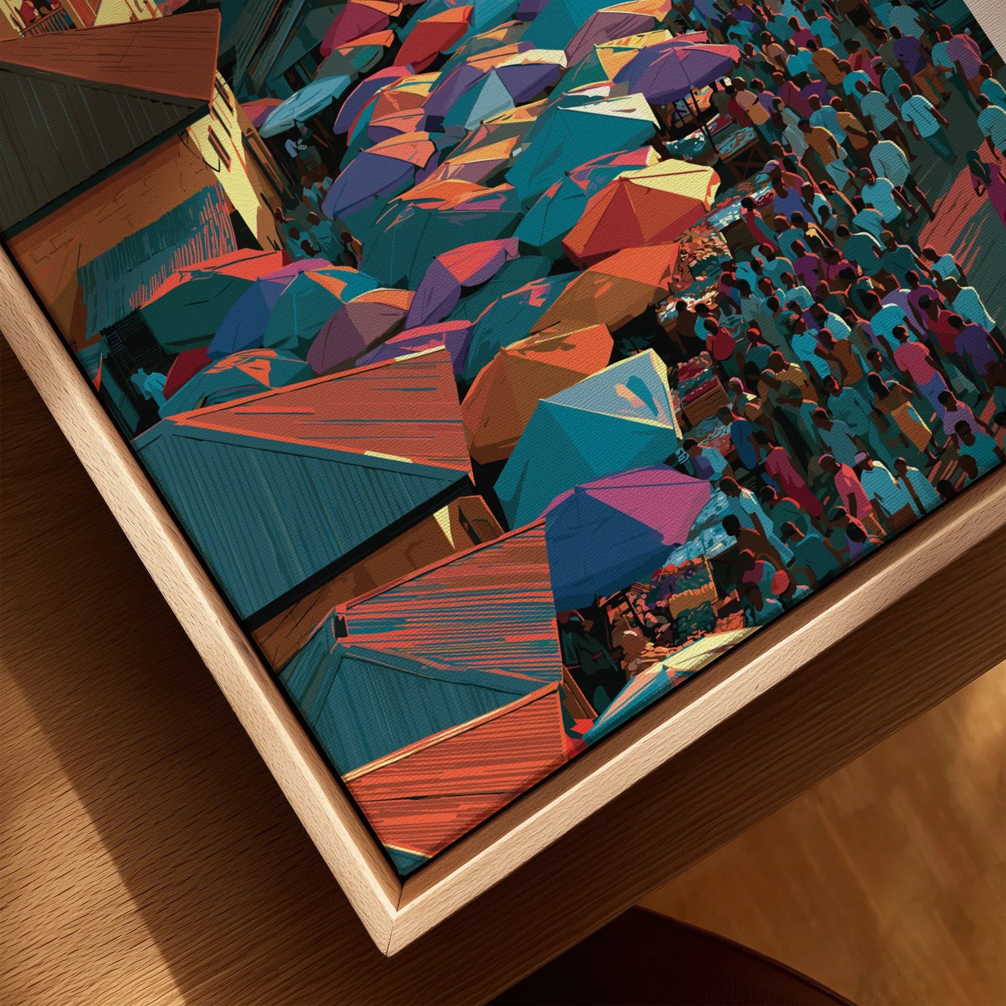 Close-up of Accra Ghana travel poster in a natural wood floating canvas frame