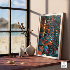 Accra Ghana travel poster in a natural wood frame by a window view