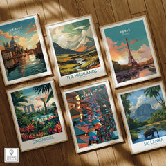 Set of six framed travel art prints including Accra Ghana on a wooden floor in natural wood frames