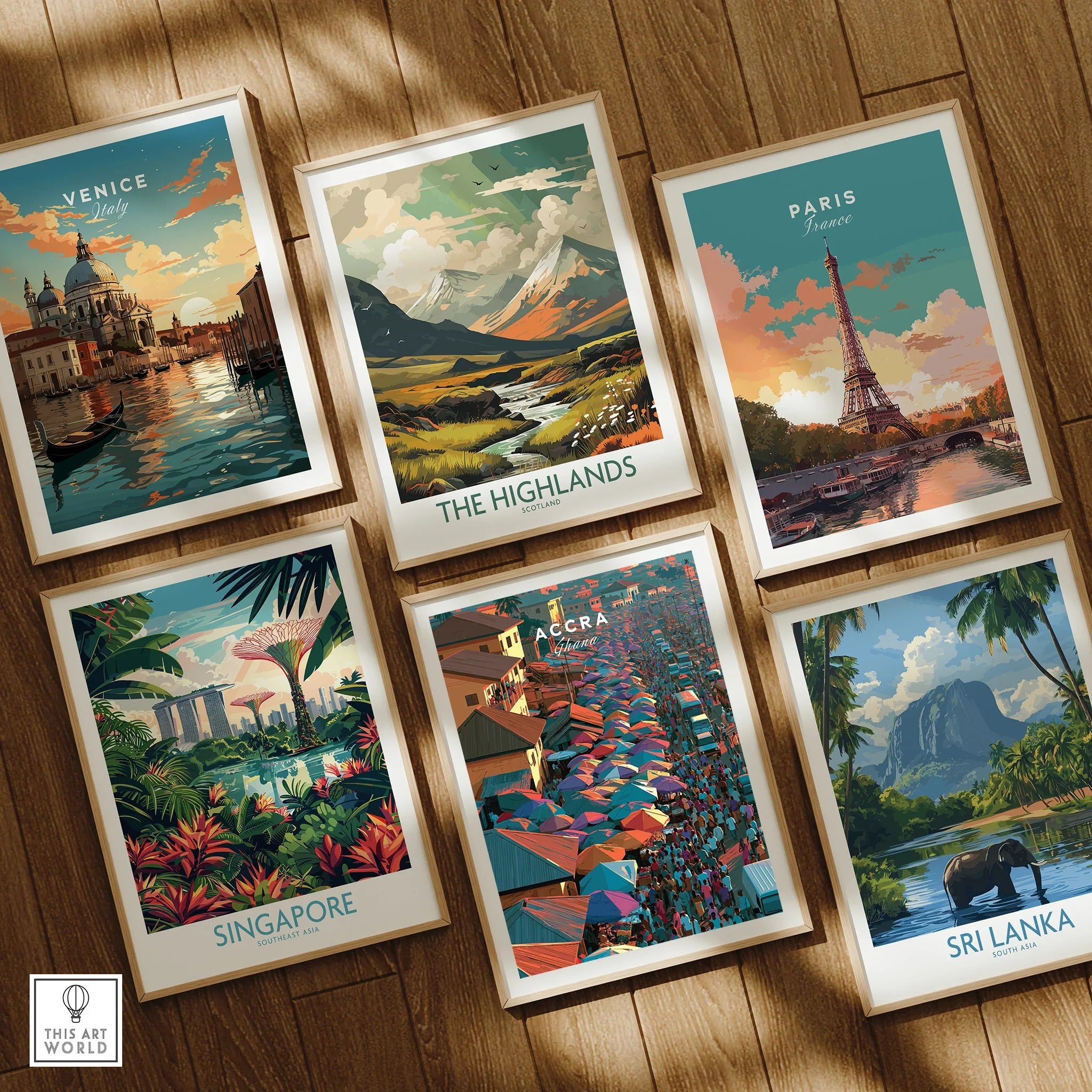 Set of six framed travel art prints including Accra Ghana on a wooden floor in natural wood frames