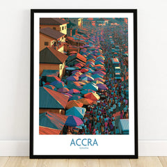 Accra Ghana colourful market wall art with umbrellas in a black frame on a wooden floor