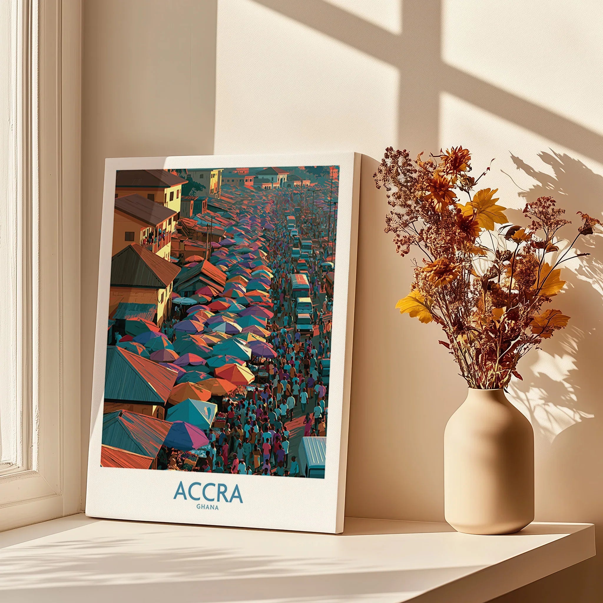 Accra Ghana canvas print in a window setting with shadows and flowers