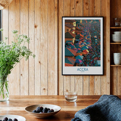 Black framed Accra Ghana wall art in a kitchen setting