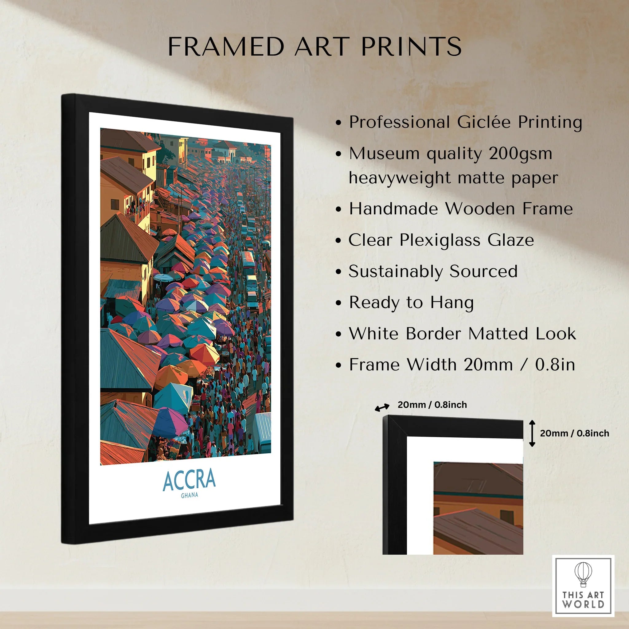 Accra Ghana framed print showing details, measurements and quality