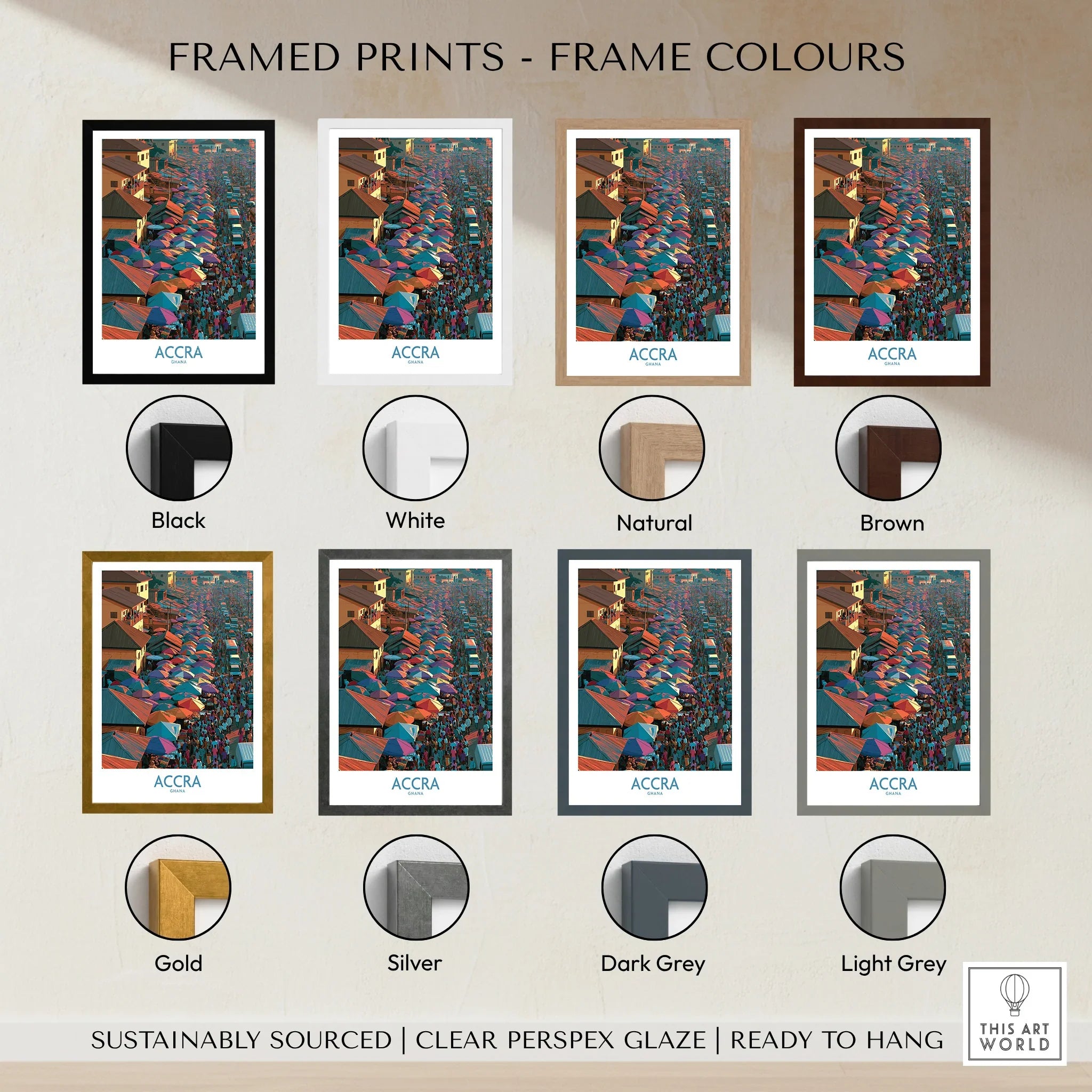 Accra Ghana wall art shown in eight frame colour options