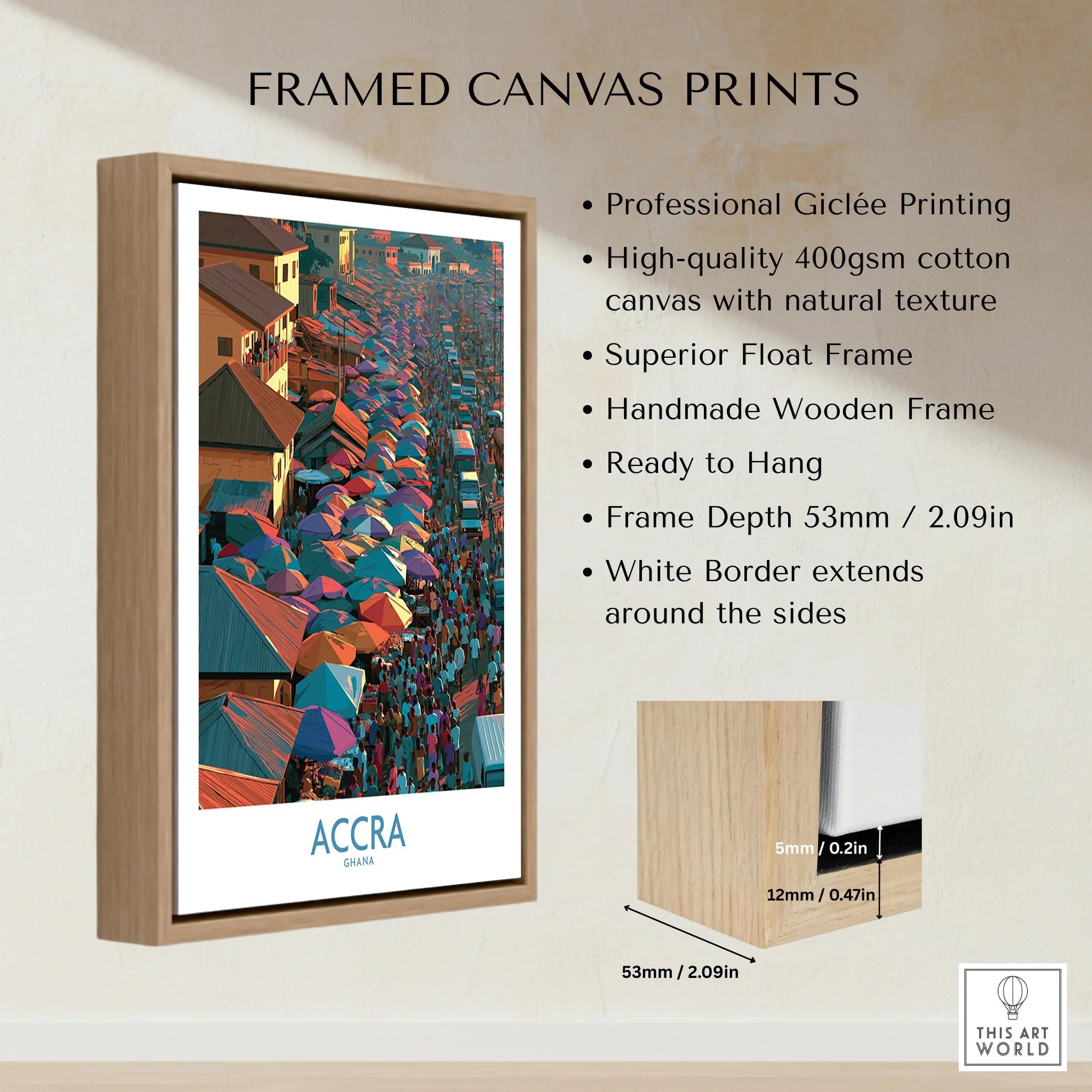 Accra Ghana framed canvas float frame details and quality
