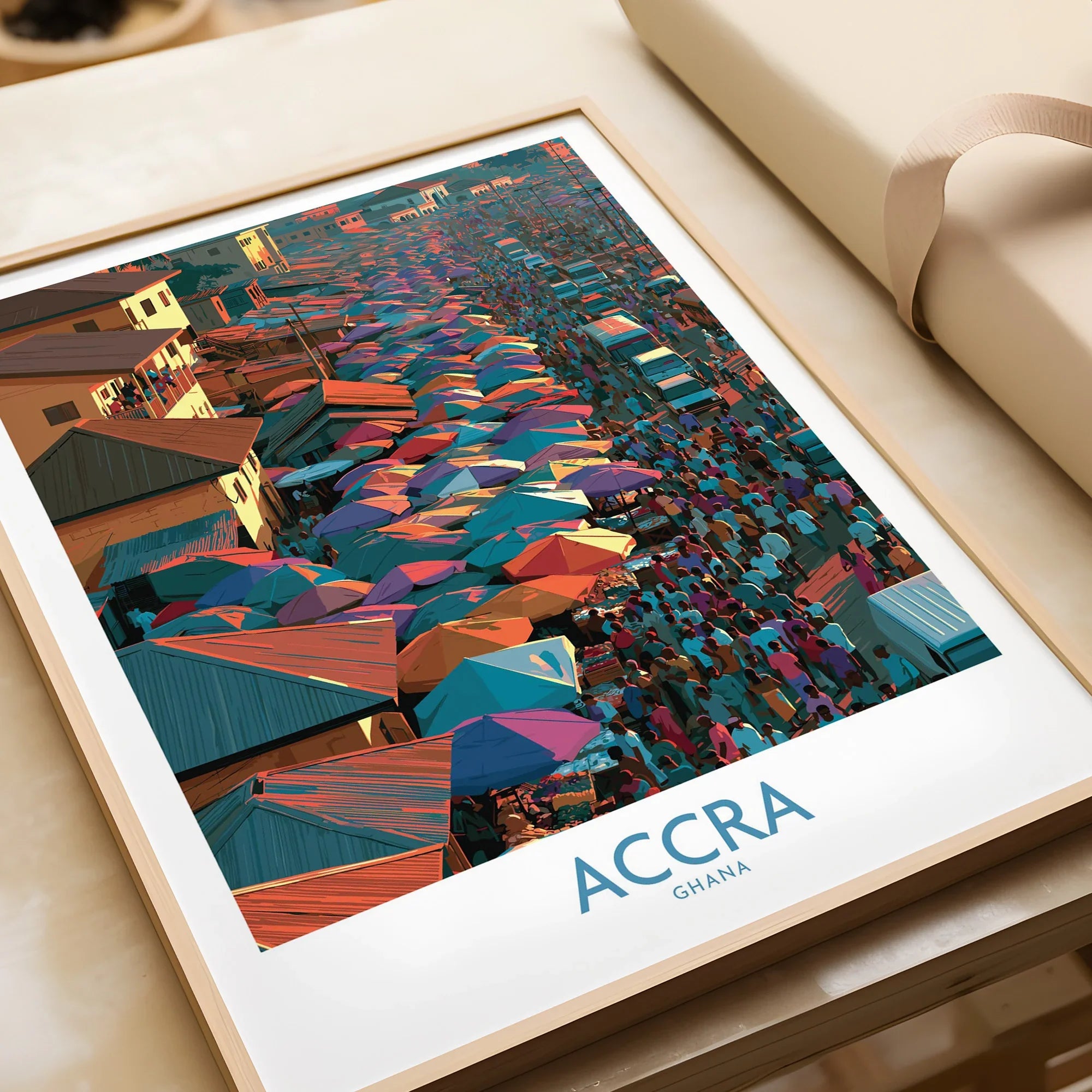 Accra Ghana wall art framed in natural wood, close-up of unwrapped gift print