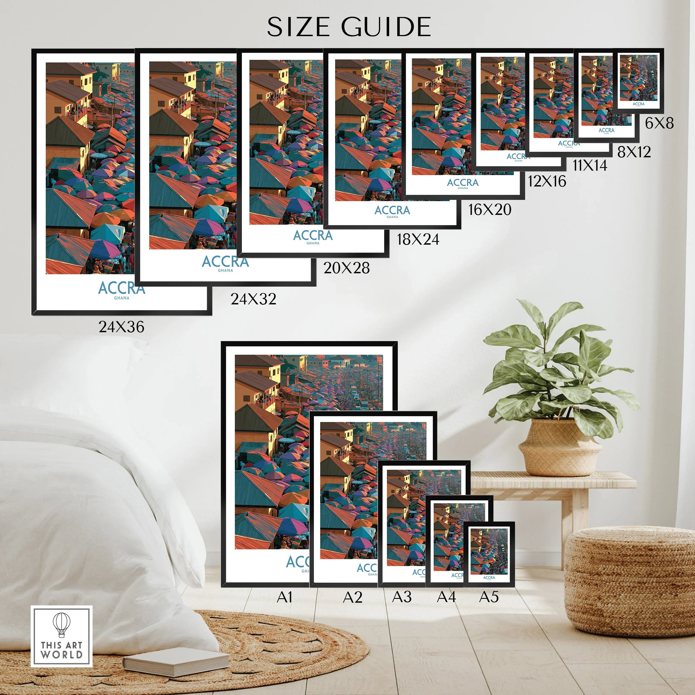 Accra Ghana wall art size guide by This Art World