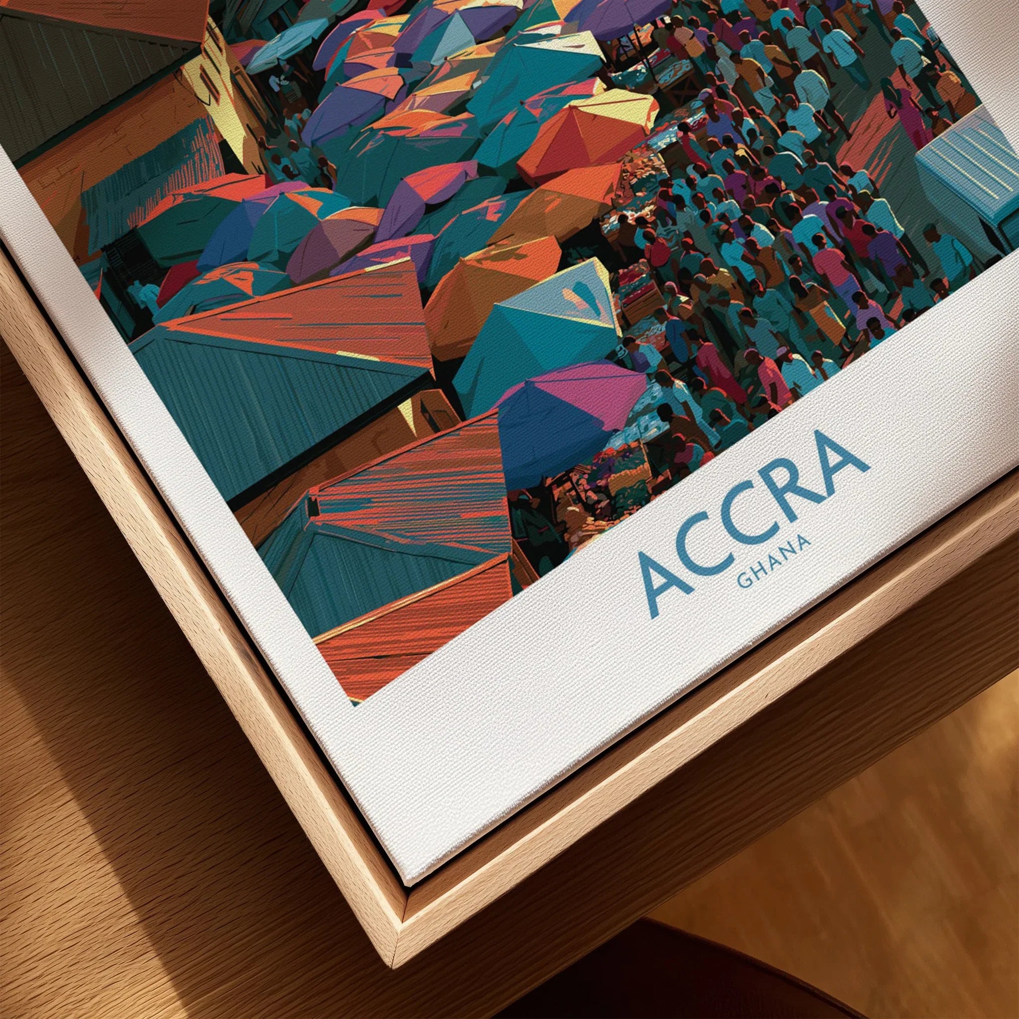 Close-up of Accra Ghana wall art in a natural wood floating canvas frame