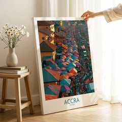 Accra Ghana canvas print with mirror edge held by hand in a room setting