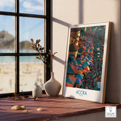 Accra Ghana wall art in a natural wood frame by a window view