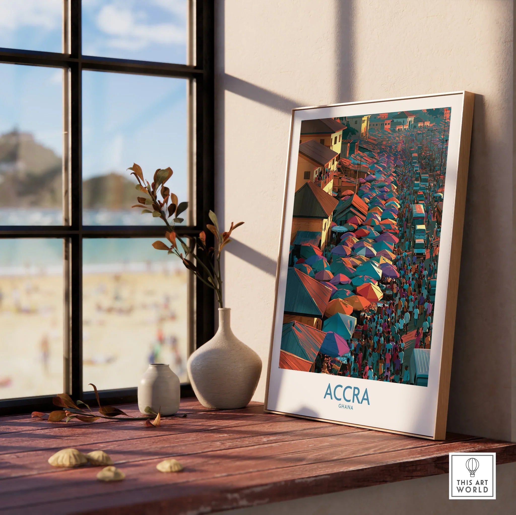 Accra Ghana wall art in a natural wood frame by a window view