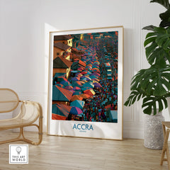 Large framed Accra Ghana wall art in a room setting with chair and plant