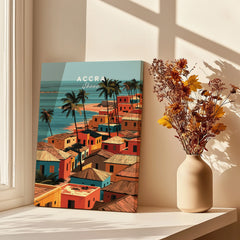 Accra Ghana coastal village canvas in a window setting with shadows and flowers
