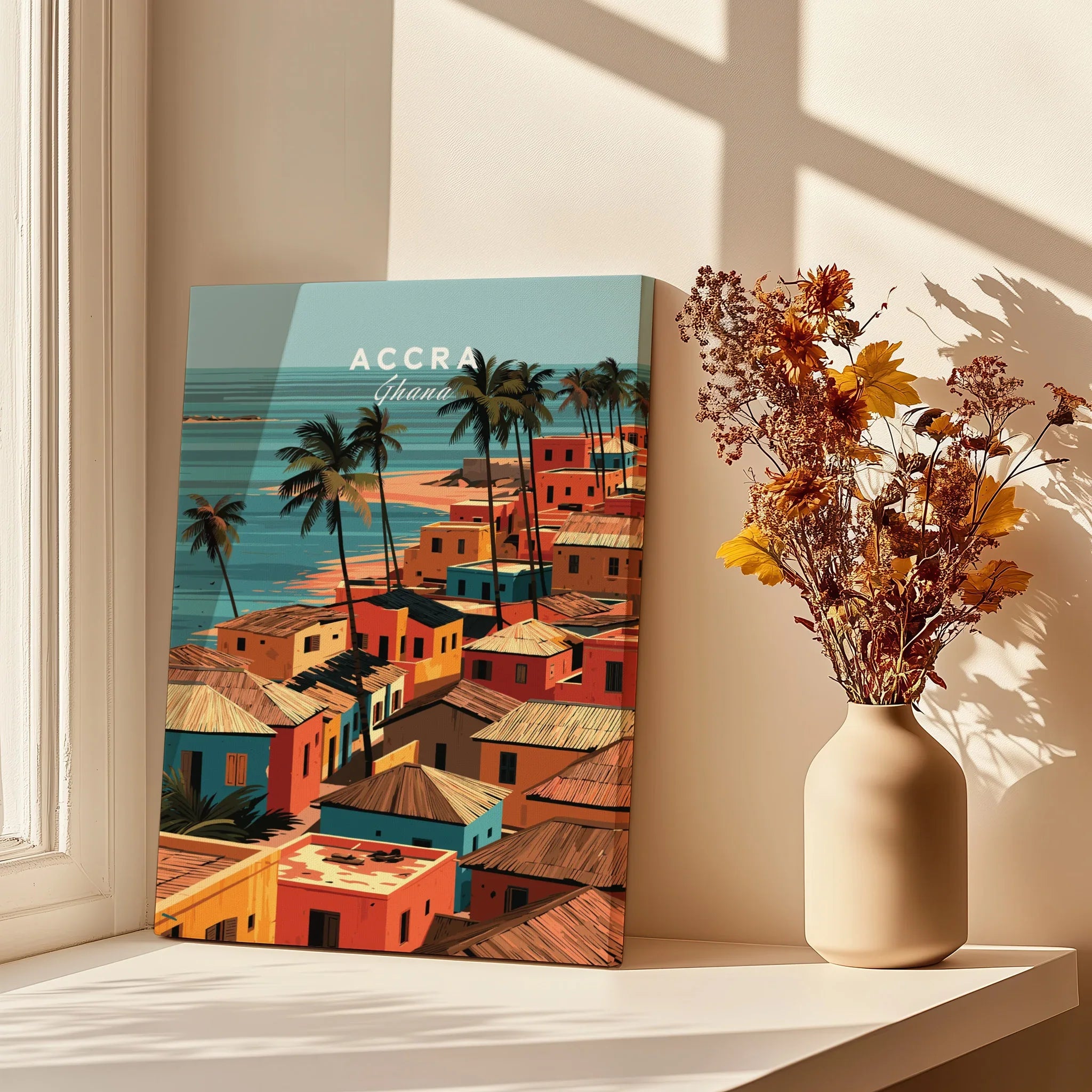 Accra Ghana coastal village canvas in a window setting with shadows and flowers