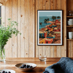 Black framed Accra Ghana coastal village art print in a kitchen setting