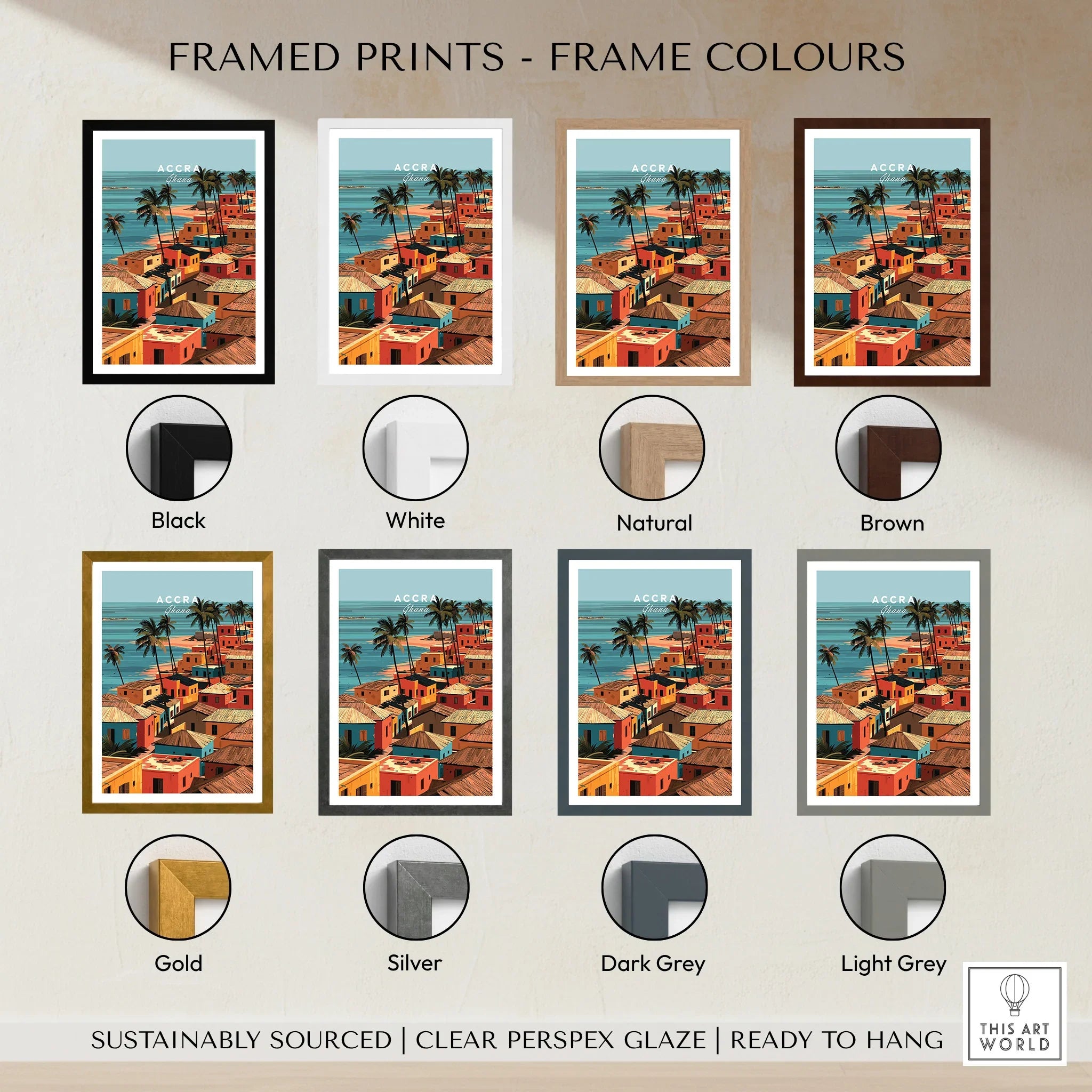 Accra Ghana coastal village print shown in eight frame colour options