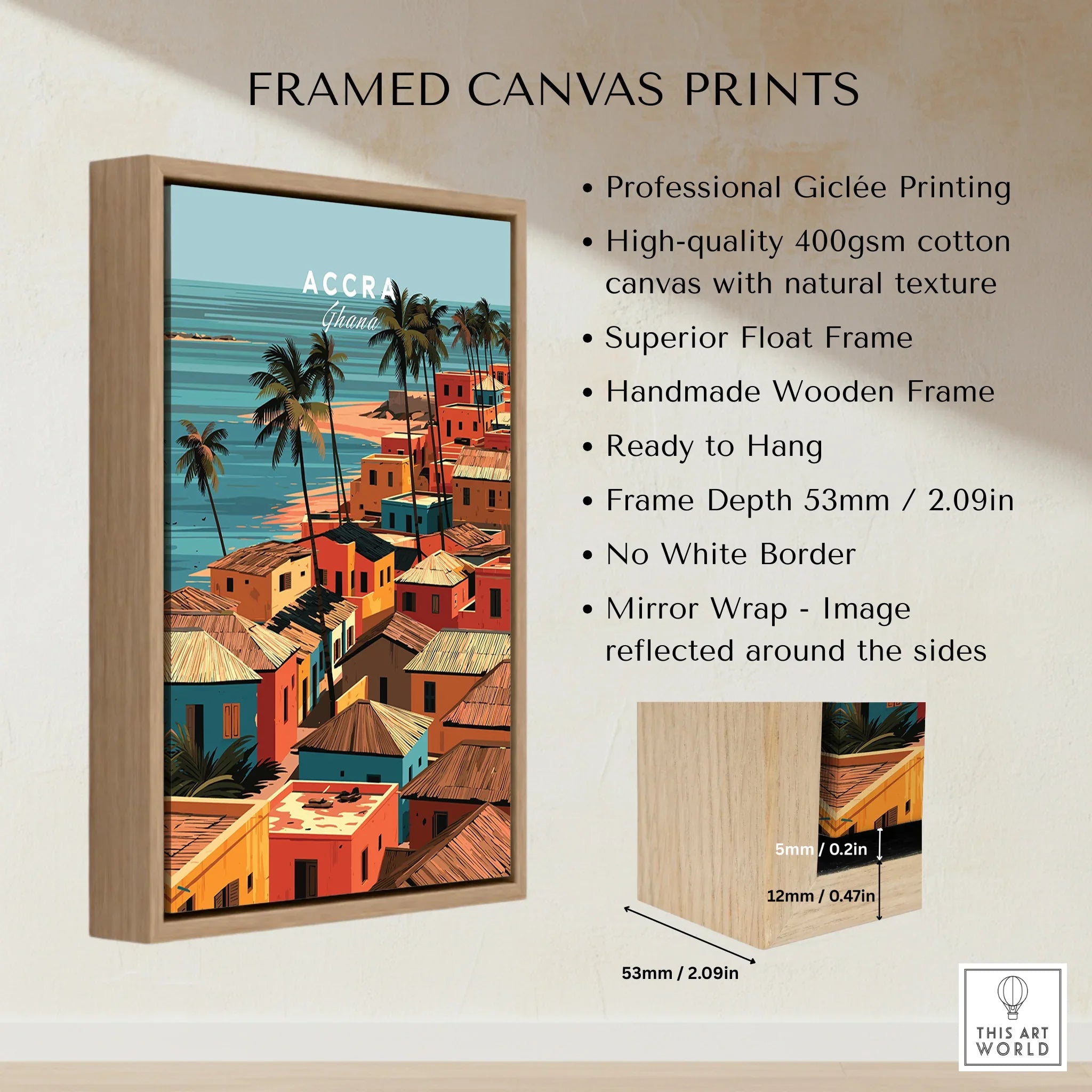 Accra Ghana coastal village framed canvas float frame details and quality
