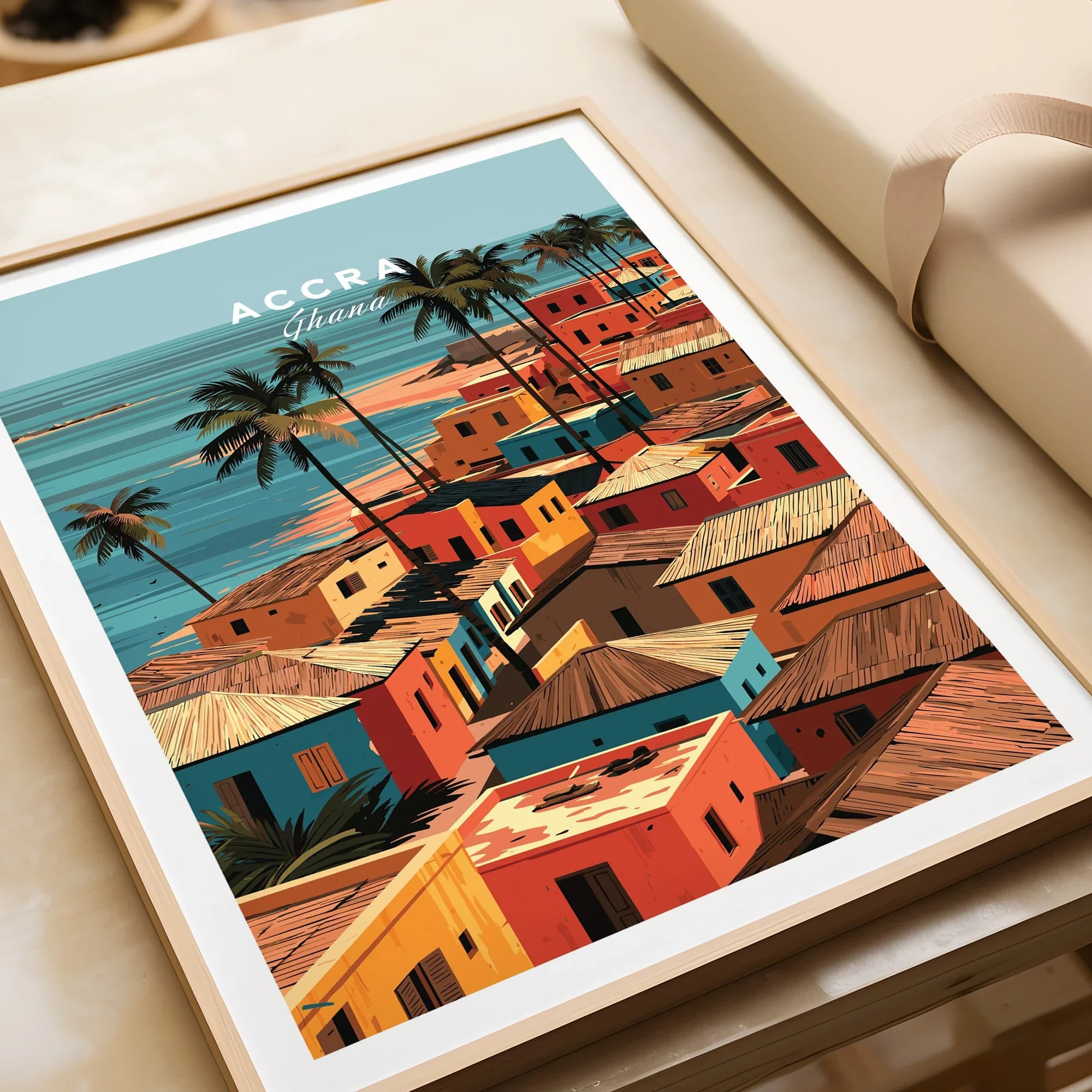 Accra Ghana coastal village art print, close-up of natural wood frame