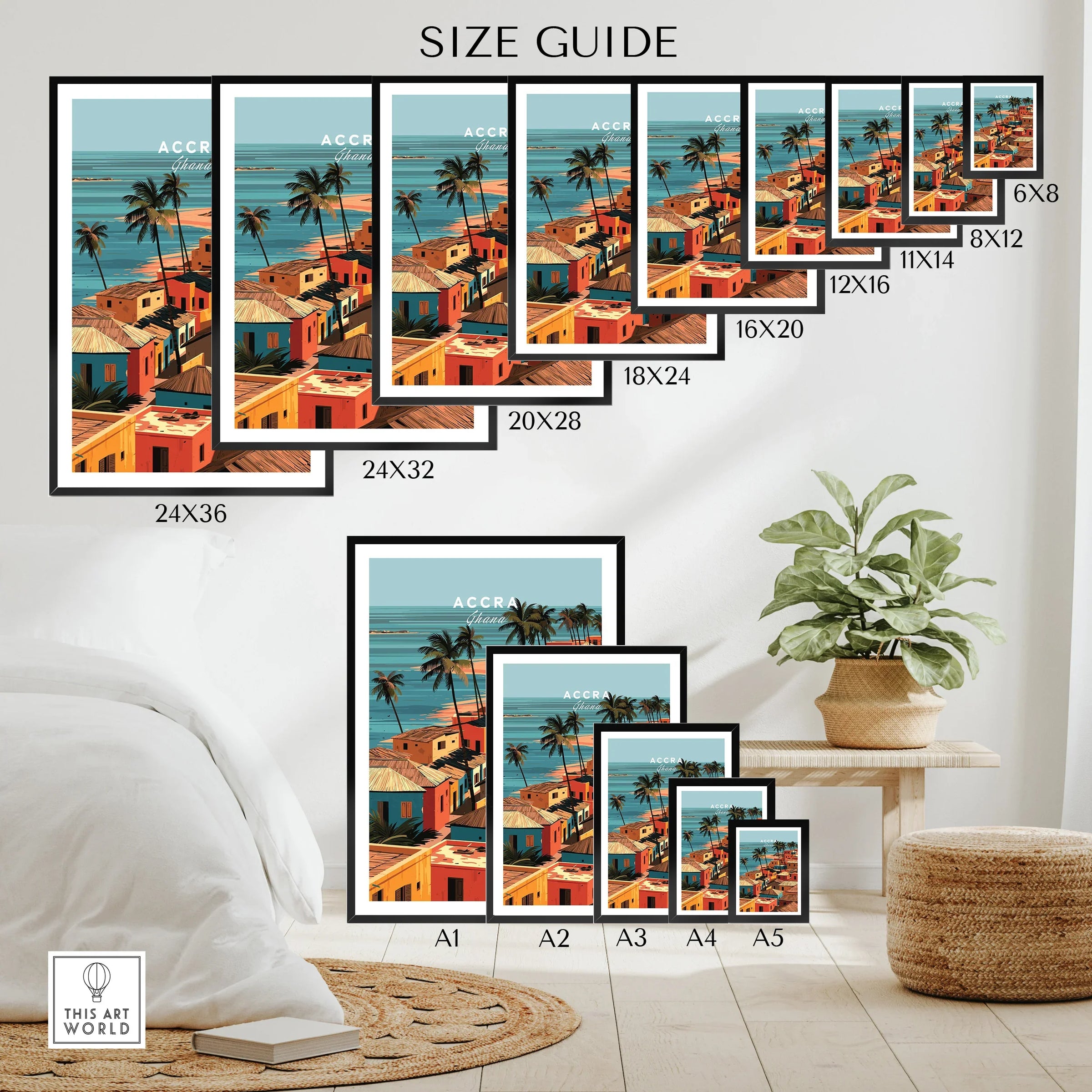 Accra Ghana coastal village wall art size guide by This Art World