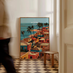 Accra Ghana coastal village framed canvas on the floor with a man walking past