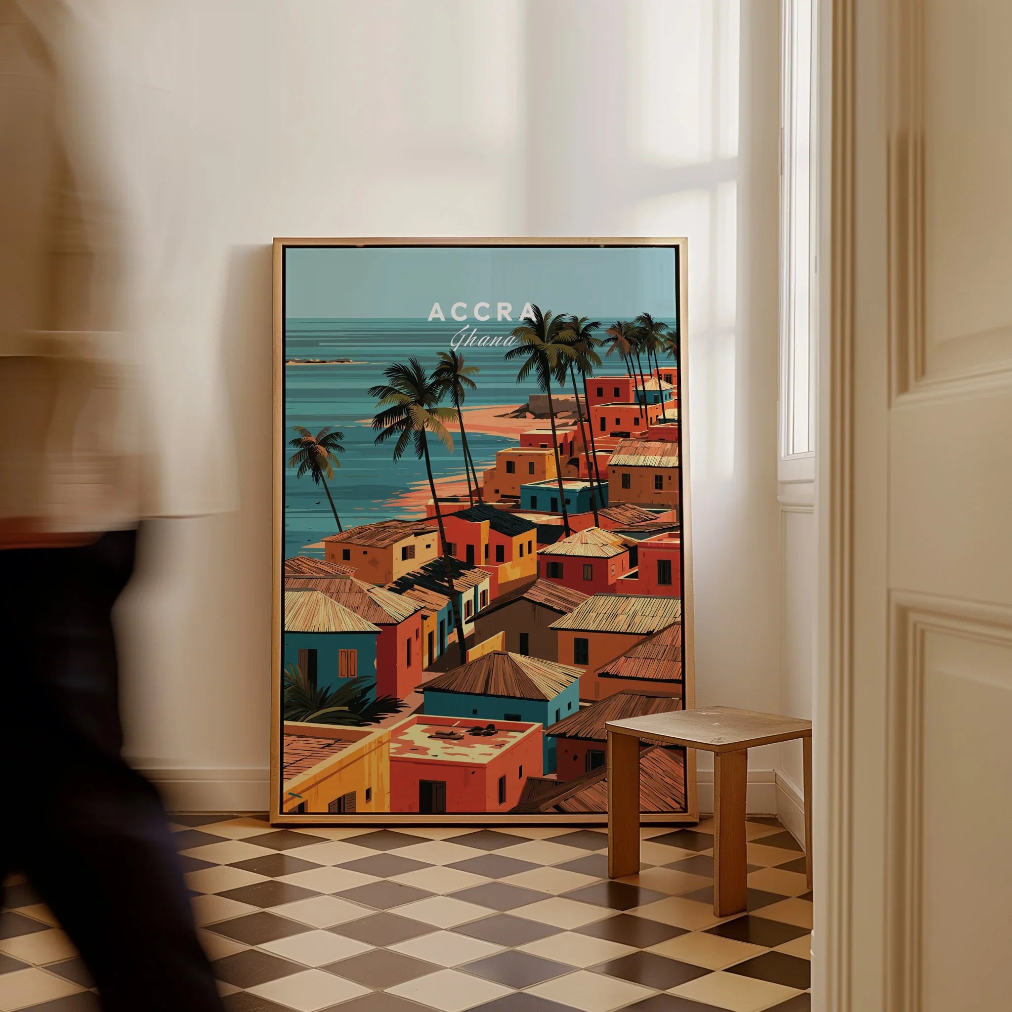 Accra Ghana coastal village framed canvas on the floor with a man walking past