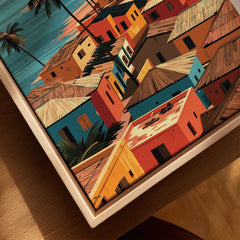 Close-up of Accra Ghana coastal village canvas in a natural wood floating frame