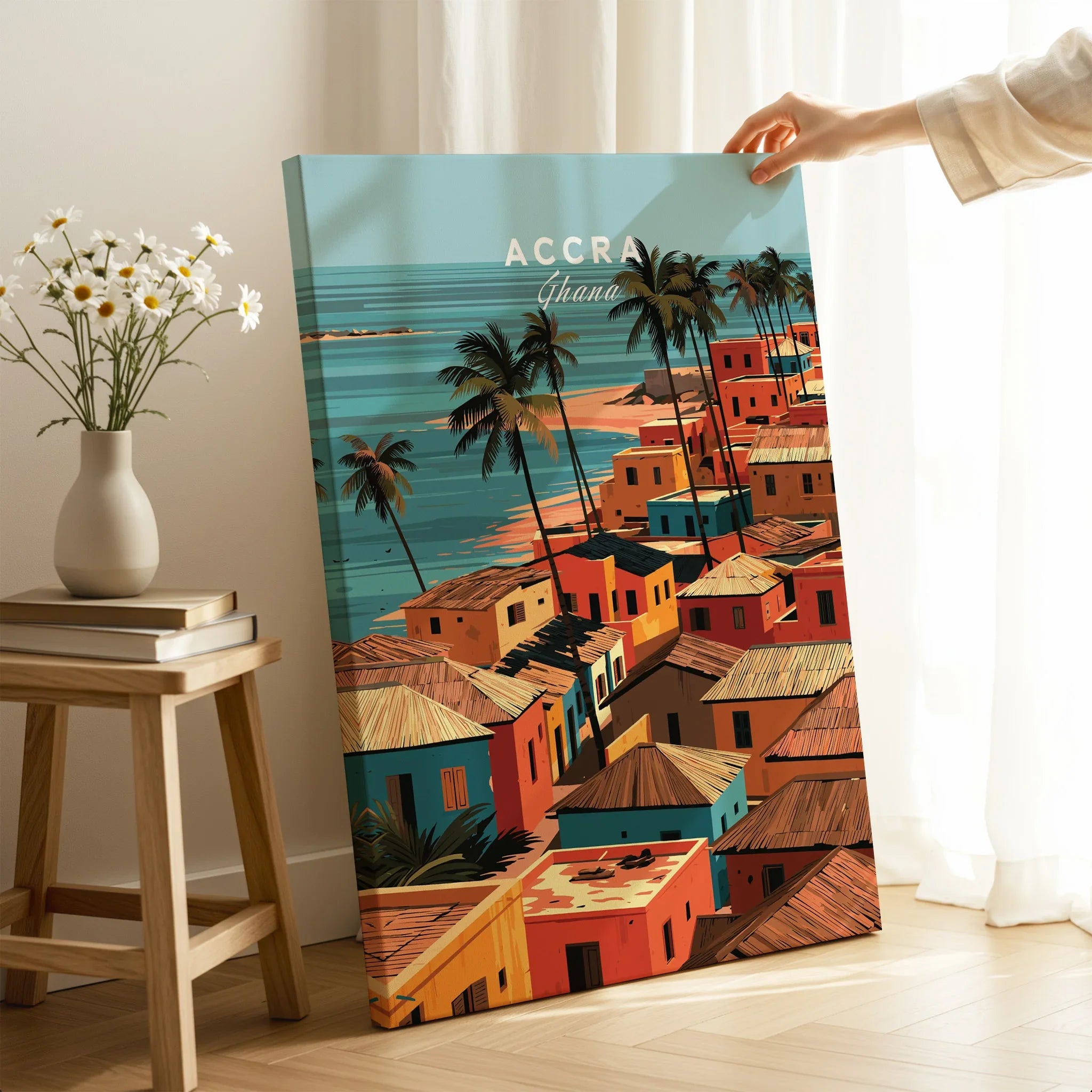 Accra Ghana coastal village canvas print with mirror edge in a room setting