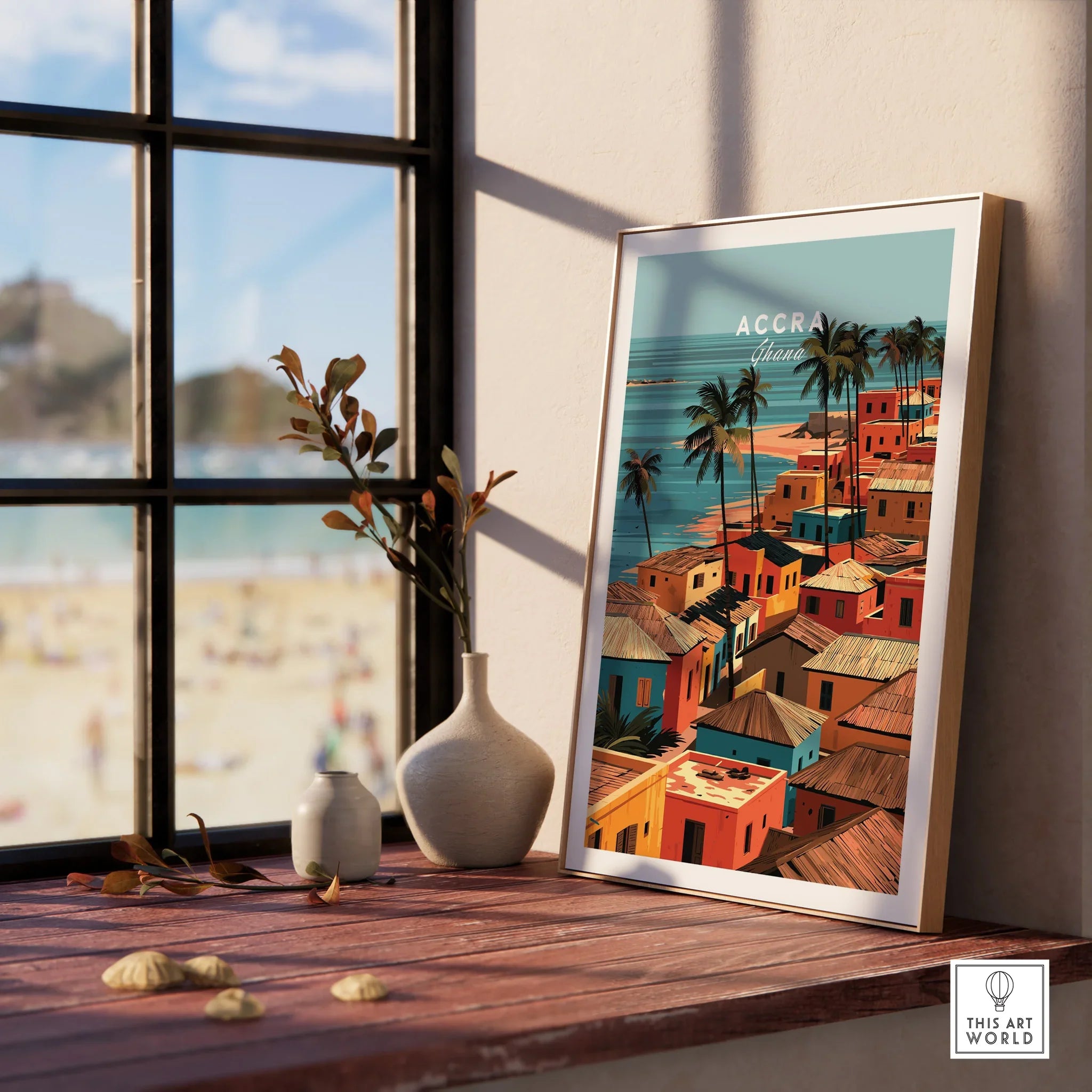 Accra Ghana coastal village framed print in a natural wood frame by a window