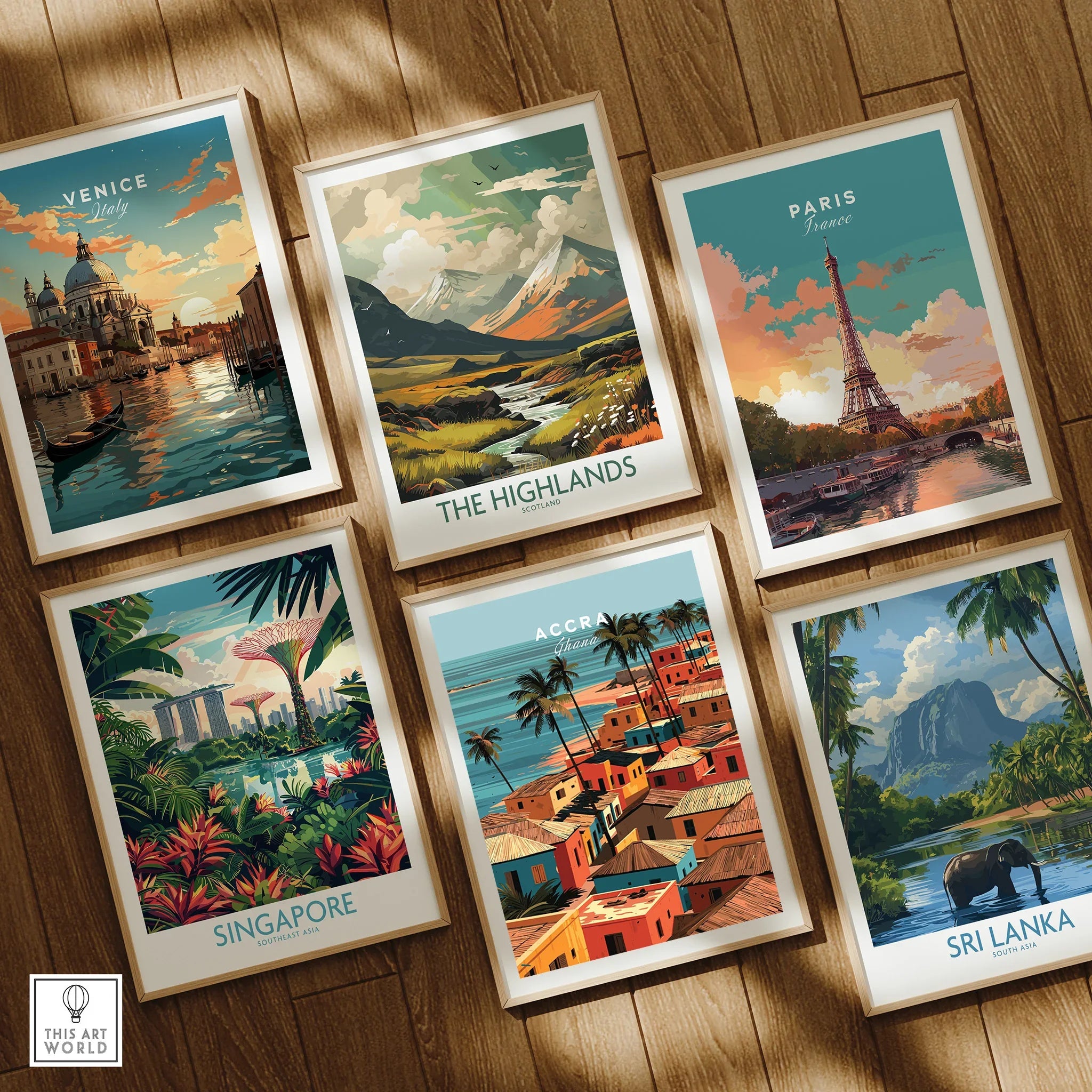 Set of six framed travel art prints including Accra Ghana coastal village