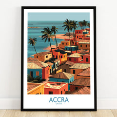 Accra Ghana Seaside Rooftops Wall Art — art print in black frame on wooden floor