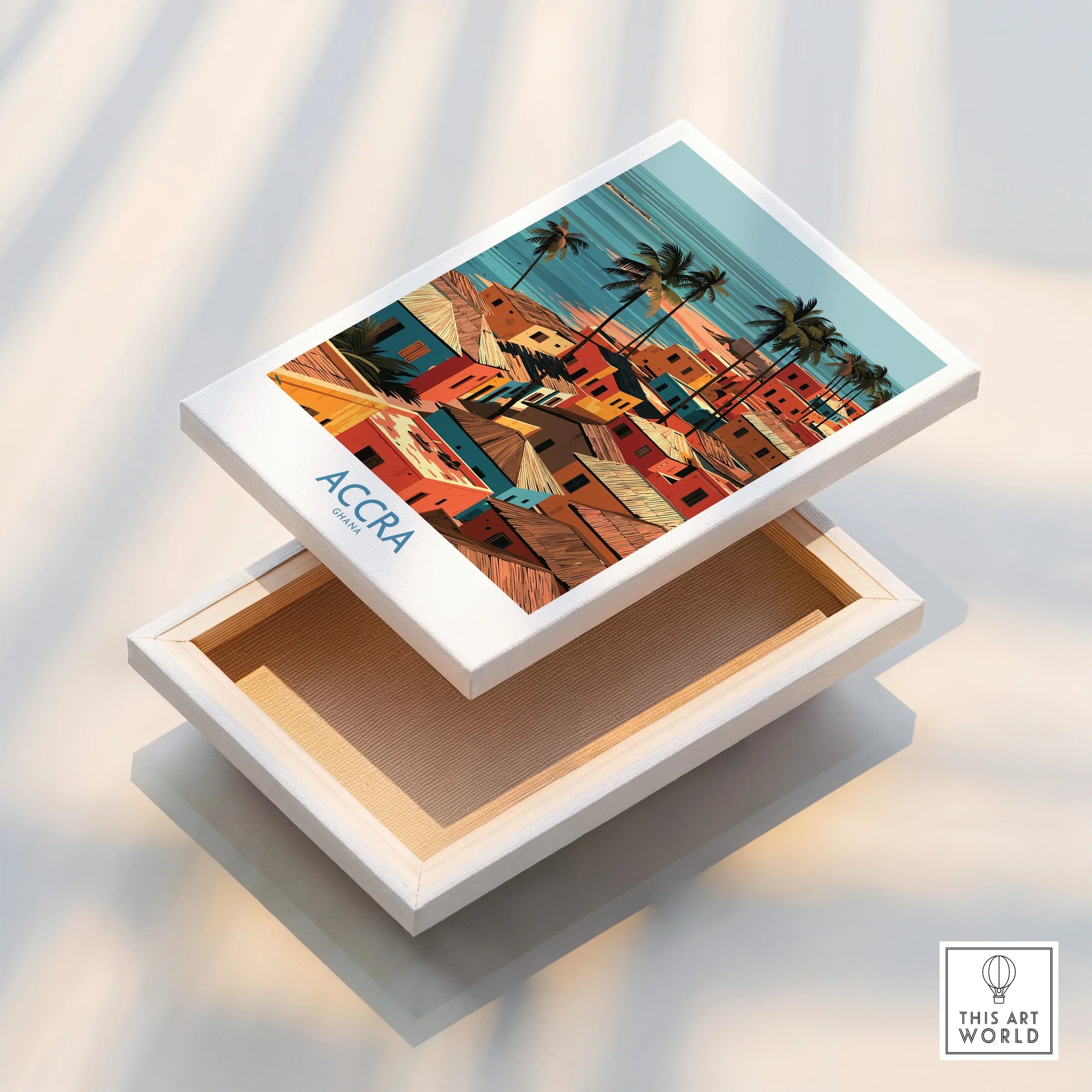 Accra Ghana Seaside Rooftops Wall Art — stretched canvas print floating detail mirror edge