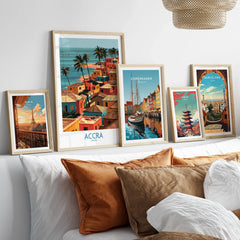 Accra Ghana Seaside Rooftops Wall Art — set five framed artprints above bed natural wood frames